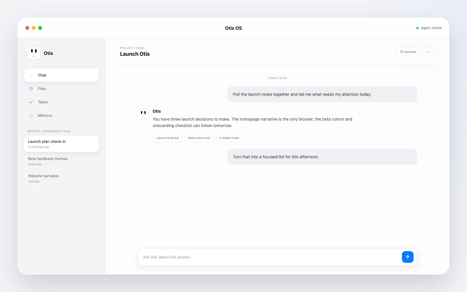 Otis chat history organized around a launch project