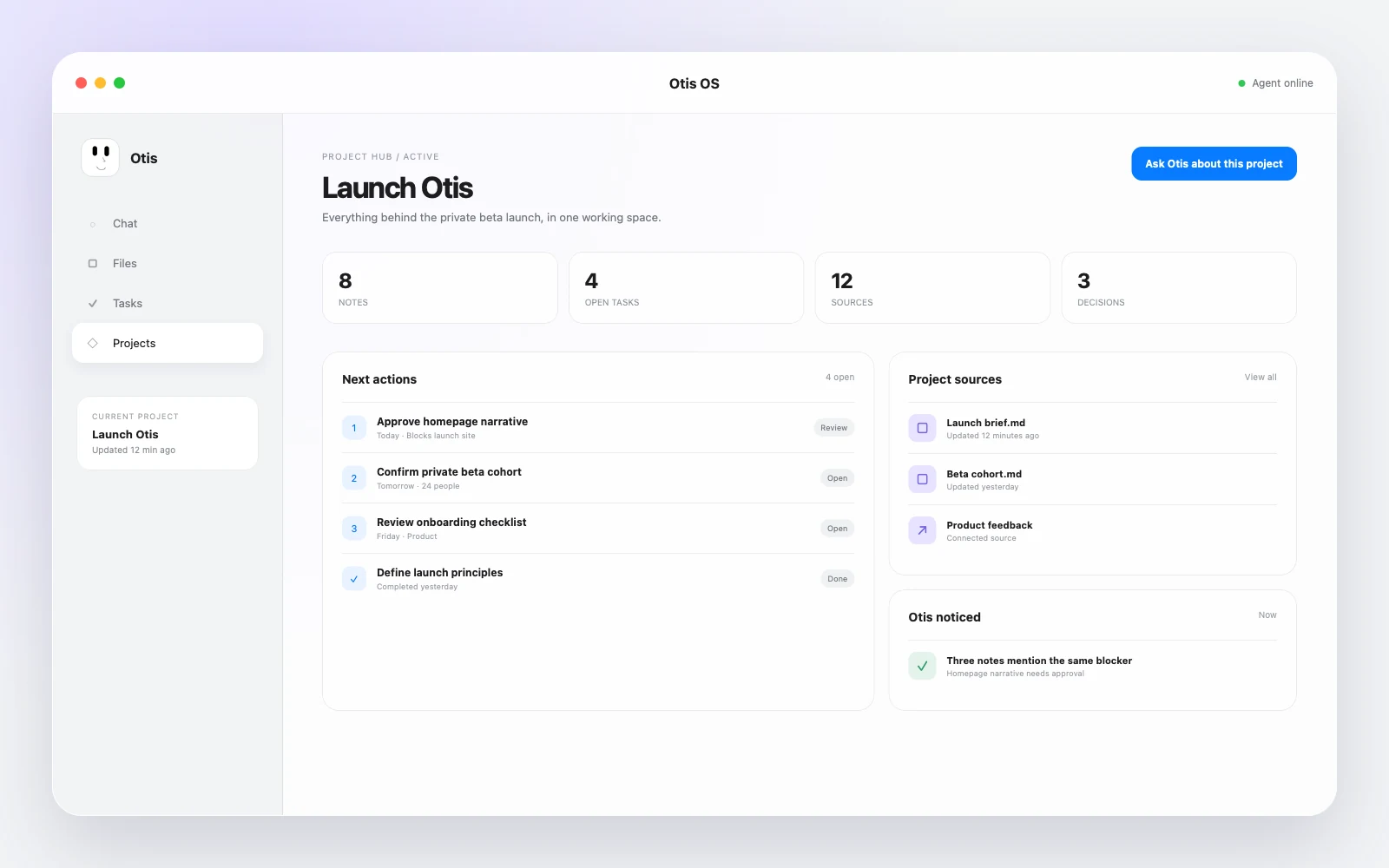 Otis project hub with notes, tasks, and sources
